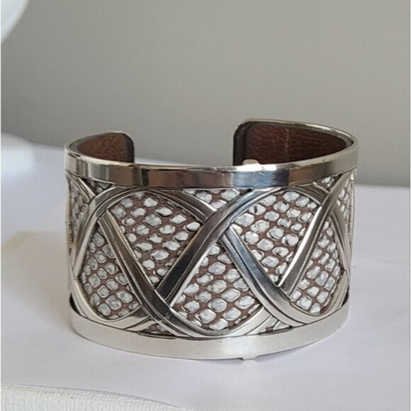 Vintage Brighton Boho Western Wide Chunky Leather Silver Tone Open Cuff Bracelet - Picture 10 of 15